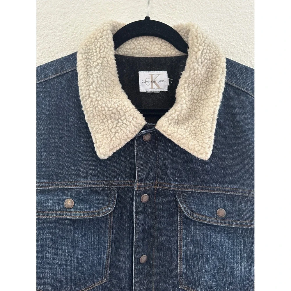 Calvin Klein Jeans Denim Trucker Jacket Mens XL Blue Sherpa Collar Americana
